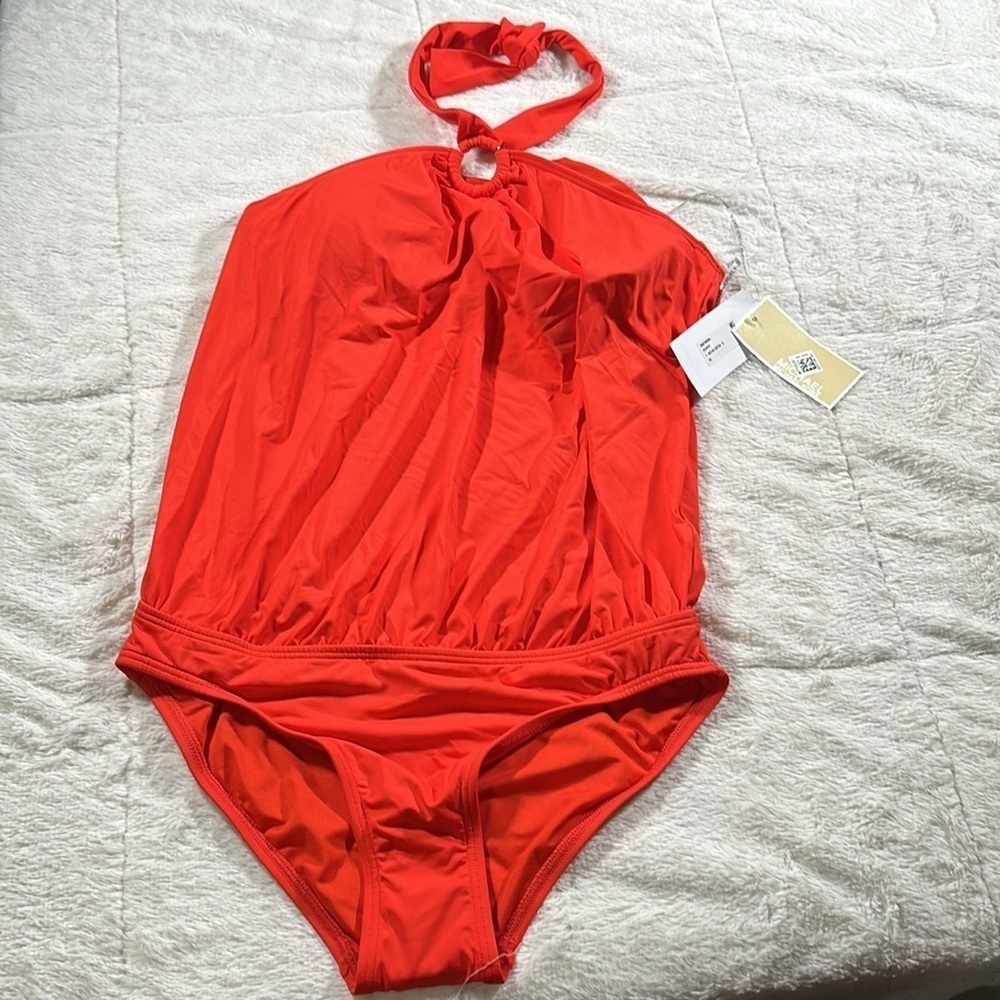 MICHAEL KORS Red Orange Blouson Full Coverage Tie Halter One Piece Swimsuit 10 - Picture 4 of 12